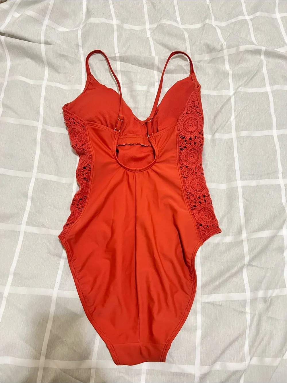 Red V-Neck One-Piece Swimsuit with Side Crochet Detail